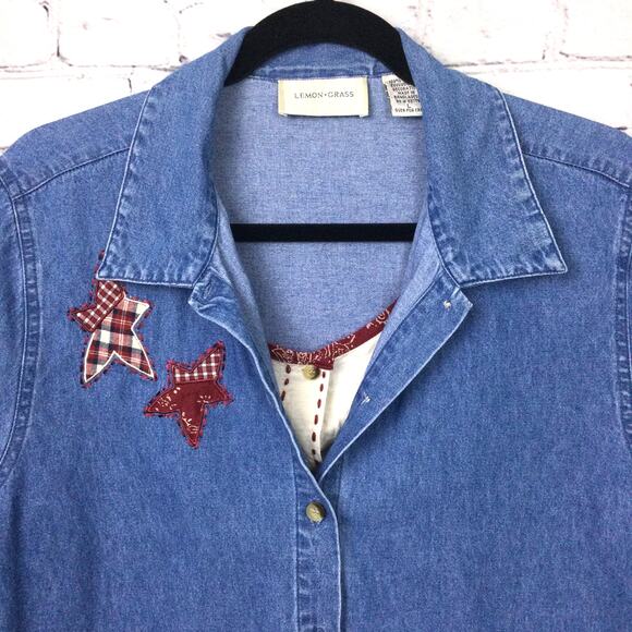 Lemon Grass VTG Chambray Farmcore Patch Short Sleeve Blue Collared Shirt Large - Picture 2 of 14